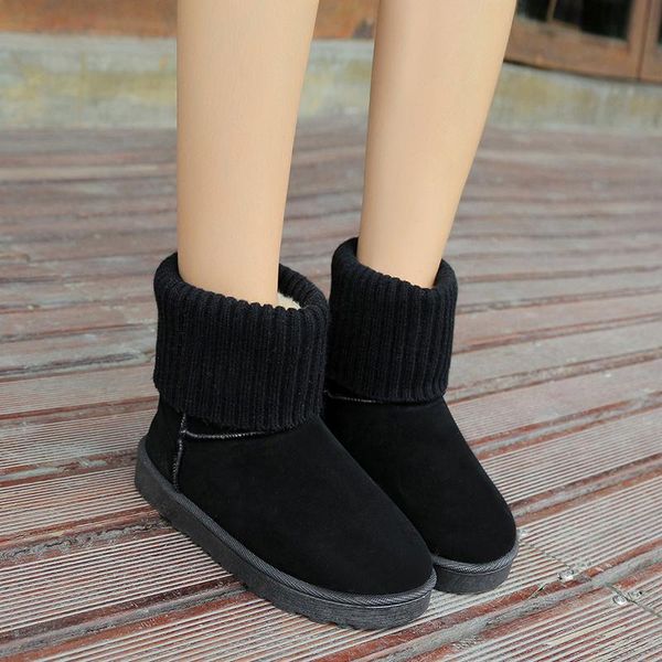 

boots 2021 winter women's ankle fashion put on flat plus velvet warmth round toe heel, Black