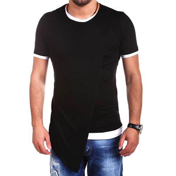 

men's t-shirts leelion summer fake two t shirt men irregular hem short sleeve t-shirt fashion solid slim hip hop streetwear man's, White;black
