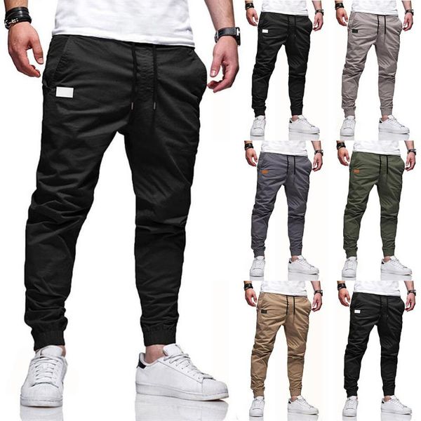 

men's pants casual men elastic pockets drawstring winter autumn waist fitness trouser sports joggers sweatpants long trousers, Black