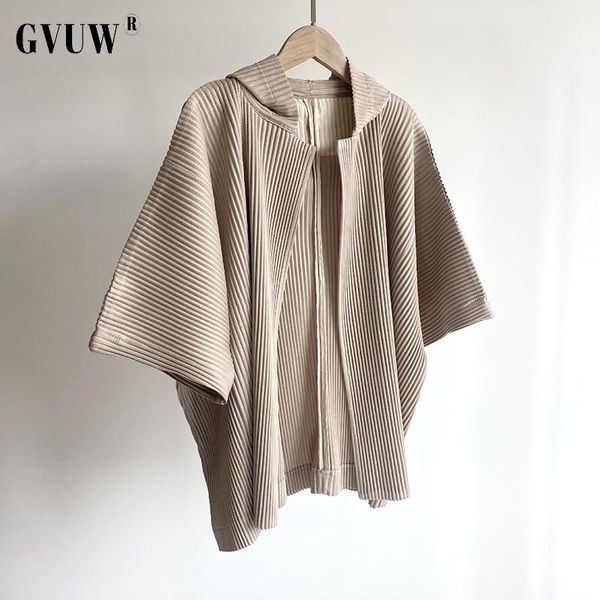 

women's jackets [gvuw] fashion coat half sleeve black cape hooded jacket elasticity thin pleated 2021 summer arrival kb1289, Black;brown