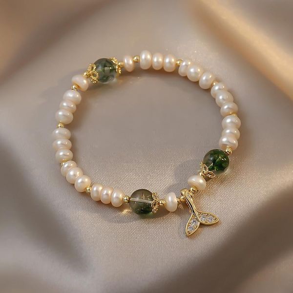 

charm bracelets korea design fashion jewelry natural freshwater pearl green stone elastic rope bracelet elegant fishtail zircon, Golden;silver