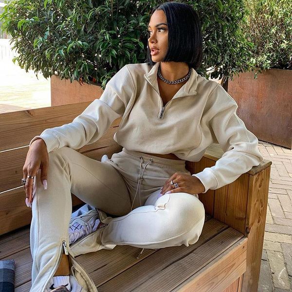 

two piece tracksuit set women casual and pants 2 sports suit female outfits 2021 zipper patchwork pullover sweatshirt women's, White