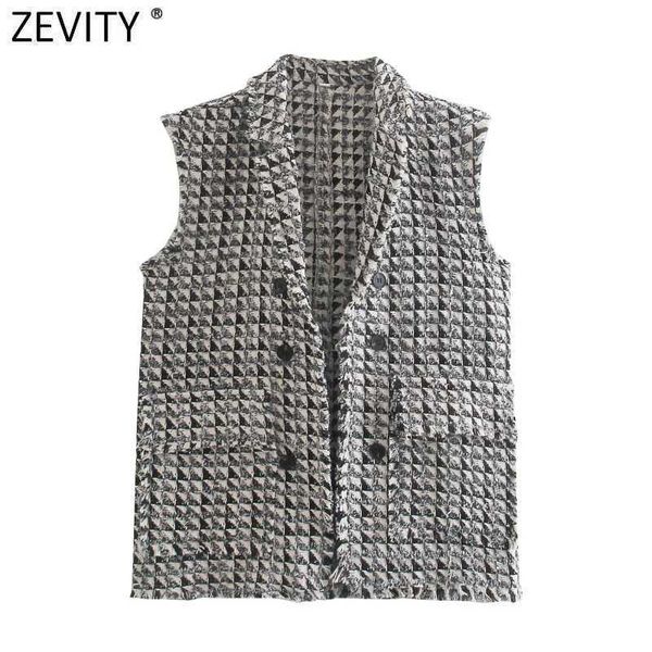 ZEVITY Kadınlar Vintage Houndstooth Püskül Tasarım Kolsuz Yelek Ceket Ofis Bayan Yelek Cepleri Dış Giyim CT685 210603