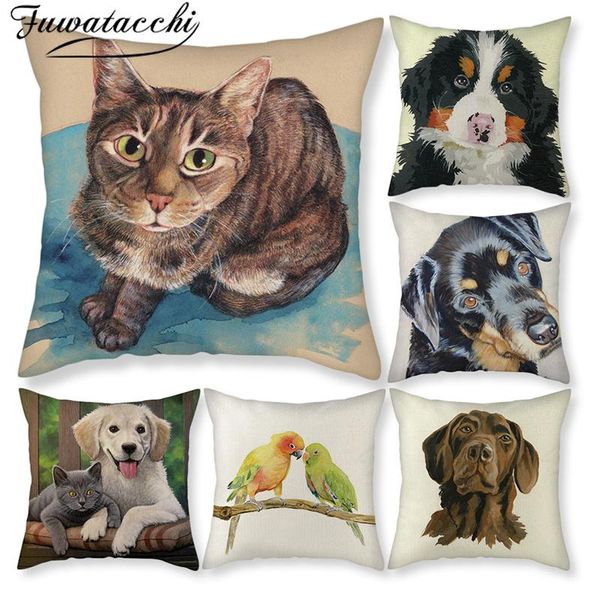 

cushion/decorative pillow fuwatacchi pet dog picture printed cushion cover pure linen animal throw for home sofa decorative pillowcas