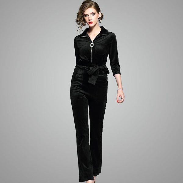 

women's jumpsuits & rompers boutique clothing 2021 fashion temperament style silk velvet collection waist pants trous jumpsuit women sp, Black;white