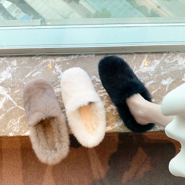 

furry mules shoes women wool closed toe slippers indoor home soft plush lining half winter warm slides, Black