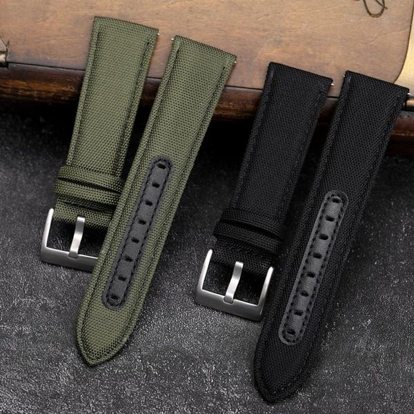 

watch bands canvas leather watchband 20 22mm double nylon strap, black and green retro style strap, Black;brown