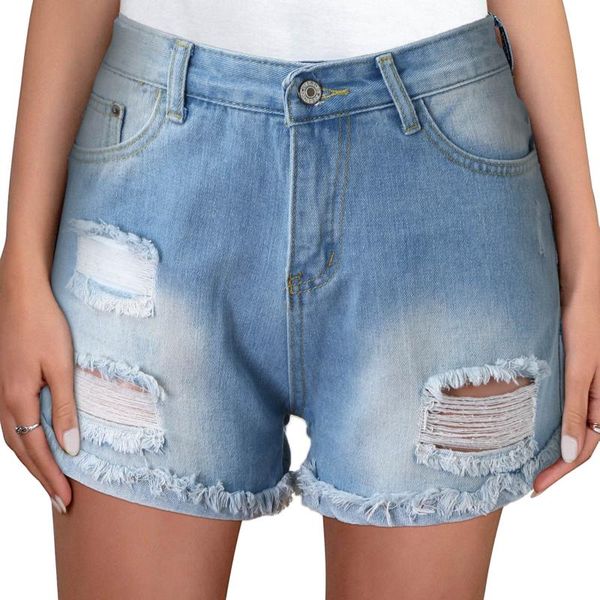 

women's jeans women fashion ripped high waisted rolled denim shorts vintage hole summer casual pocket short ladies, Blue