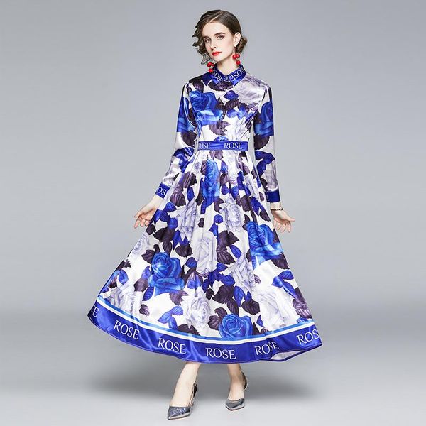 

casual dresses women autumn elegant rose print maxi dress office pleated party robe femme vintage designer shirt vestidos, Black;gray