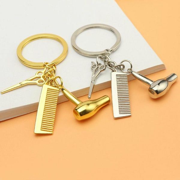 

keychains 1 pcs keychain hairdresser hair dryer scissor comb car creative key ring jewelry gift gold/silve bag zipper pendant, Silver