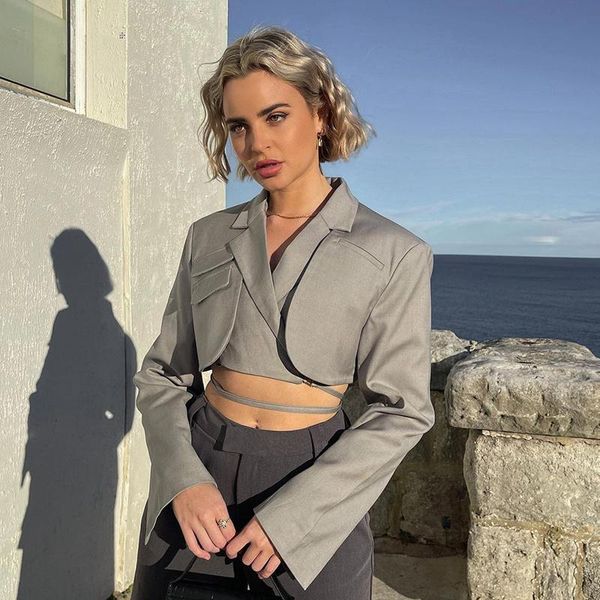 

women's jackets zovsv autumn bandage v neck suit cropped jacket casual long sleeve harajuku short coats women fashion korean overcoat 2, Black;brown