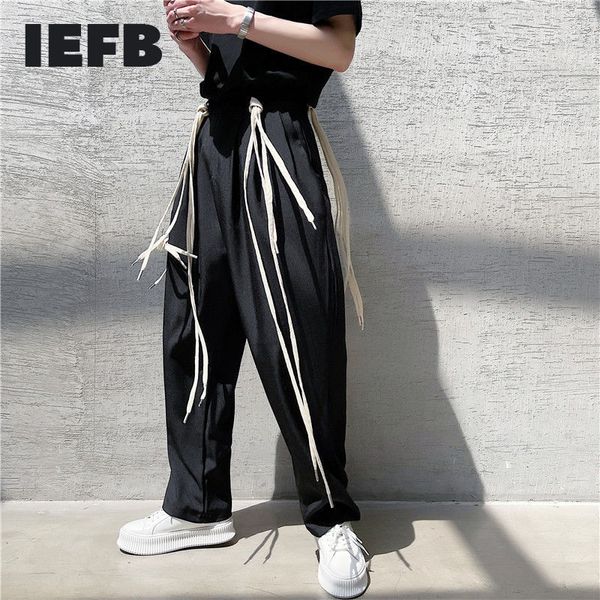 

iefb niche streetwear men's suit pants detachable shoelace decoration straight causal pants black loose trousers 9y6831 210524