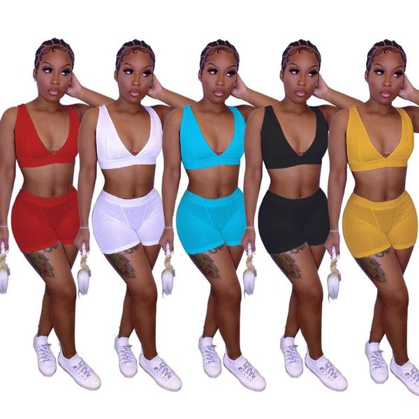 

women's tracksuits two pieces short for women sleeveless deep v neck crop tank tight bodycon mini shorts jogger gym solid outfits, Gray