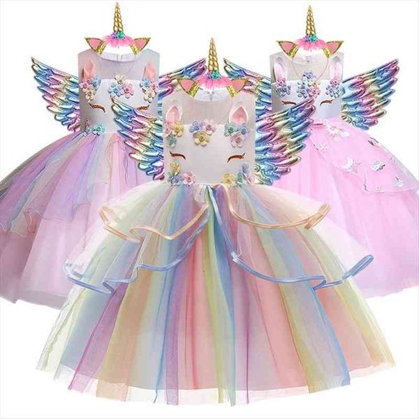 

girl rainbow unicorn 3-10 year dresses kids birthday party fancy costume flower wedding princess baby clothes vestidos, Red;yellow