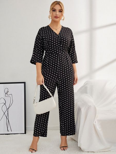 

plus polka dot overlap collar jumpsuit b4vu#, Black
