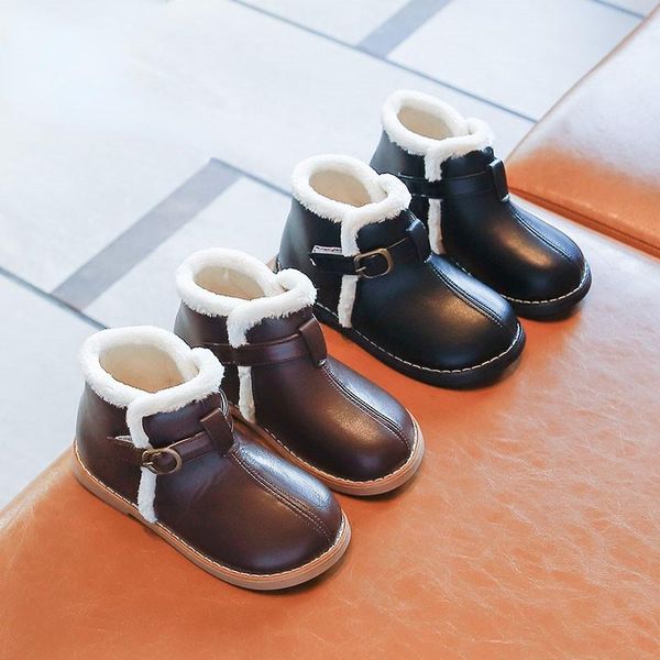 

boots little kids for girls and boys snow 2021 children soft thick cotton winter pu fashion solid hook & loop, Black;grey