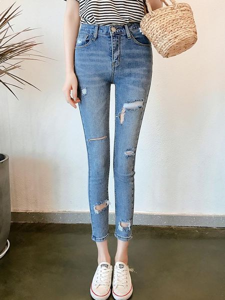

woman pencil pants casual blue jeans ripped hole high waists skinny 1038 women's