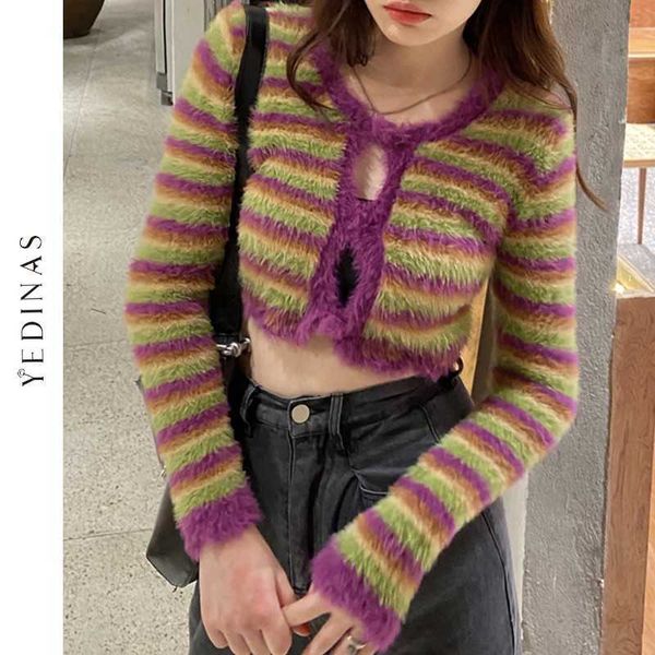 

yedinas autumn women cropped cardigan female short sweaters fur jacket crop ladies long sleeve exposed navel 210527, White