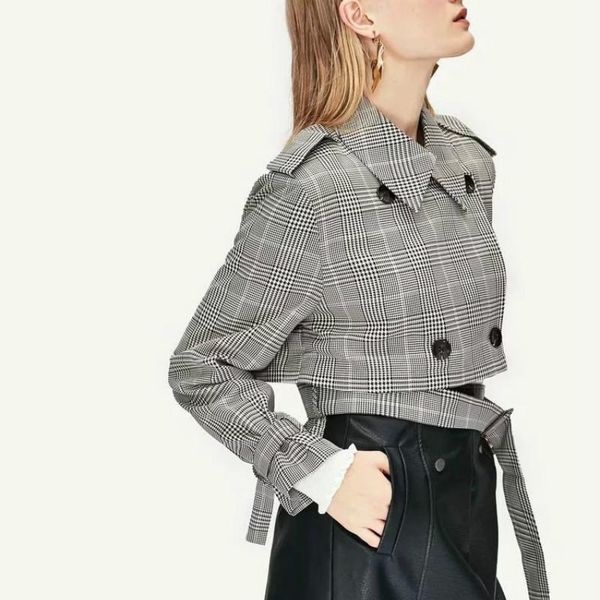 

women's wool & blends autumn winter women vintage woolen coats long sleeve v-neck plaid jackets female with pocket 2021 double breasted, Black