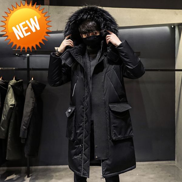 

winter korean style down jacket men 's mid-length fur collar thickened warm parka, Black