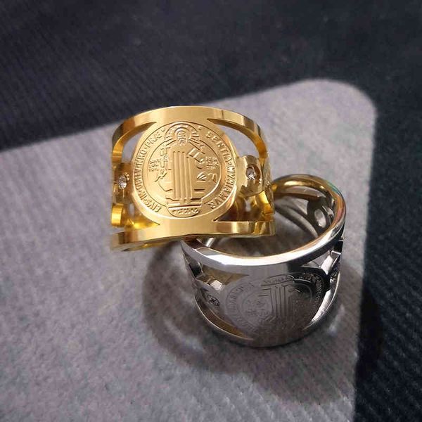 

gold silvery stainless steel for women religious benedict of nursia men's open rings 2021 trend jewelry accessories gift, Silver