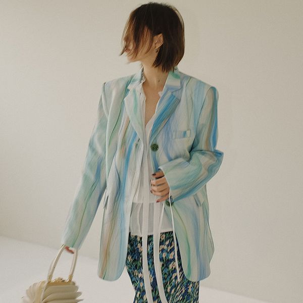 

women's suits & blazers [ewq] autumn sweet long sleeve women jacket loose casual outwear abstract oil painting vintage coats blazer1 y8, White;black