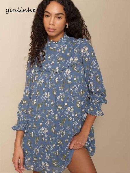 

yinlinhe print blue dress women o neck loose summer puff sleeve french niche style chiffon dresses holiday wear 2021 2029 casual, Black;gray