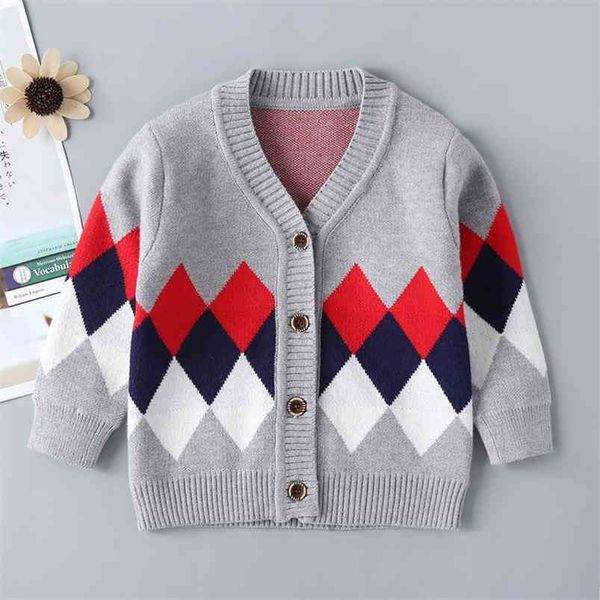 Chegada Menino Camisola Crianças Roupa Rhombic Pattern Malha Bebê Meninos Cardigan Knitwear 1-5t Kids 210629