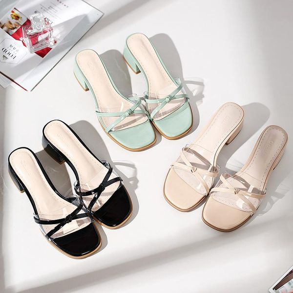 

slippers designer summer transparent with candy color bowtie flip flops ladies thick high heels slides shoes woman y1060, Black