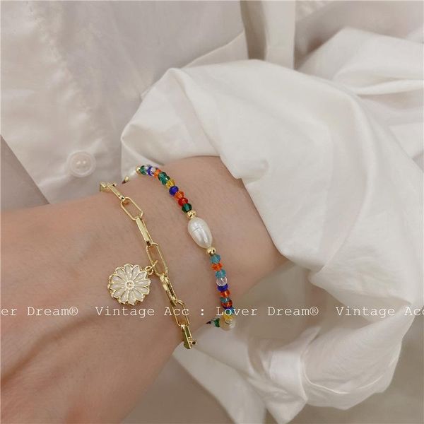 

link, chain retro geometric double bracelet color beaded flower girlish, Black