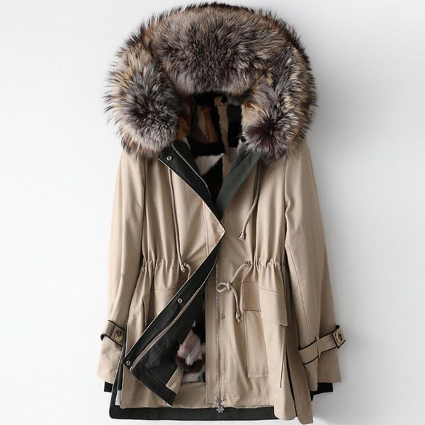 

women's fur & faux hooded coat mid-length mink lining raccoon collar 100% cotton thermal insulation ladies jacket fashion casual style, Black