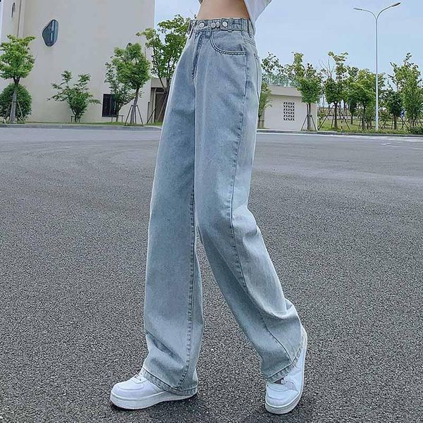 

women's jeans 2021 fashion street girl high waist wide leg waistline casual pure color mom's straight pants, Blue