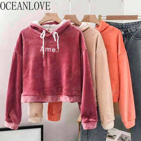 

short hoodie print letteres autumn winter hooded fashion fleece sweatshirts warm soft causal hoodies women 18622 210415, Black