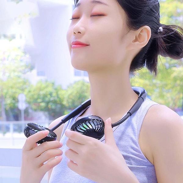 

electric fans 2000mah mini fan neck usb 3 gears cooling portable sports led colorful lights hanging air conditioner