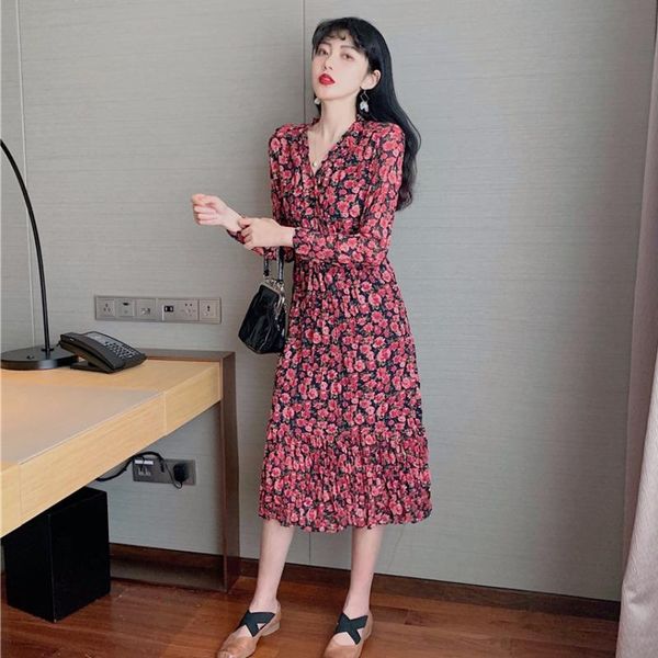 

casual dresses moda feminina vintage style print long dress women spring autumn v-neck fashion brand ladies chiffon vestido longo, Black;gray
