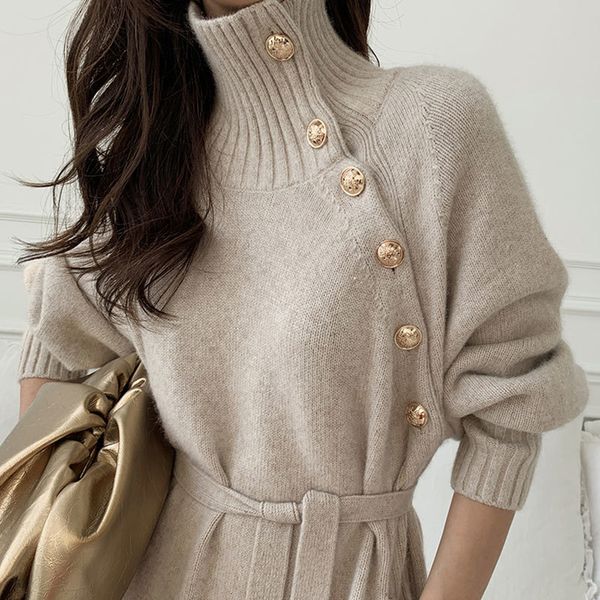 

dresses vintage turtleneck chic button sweater autumn drawstring slim waist vestidos solid color knitted women es, Black;gray