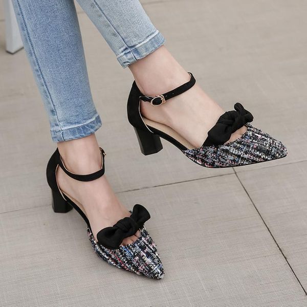 

dress shoes ymechic fashion multicolor weave design bow knot party high heel summer flock ankle buckle heels pumps big size 34-45, Black