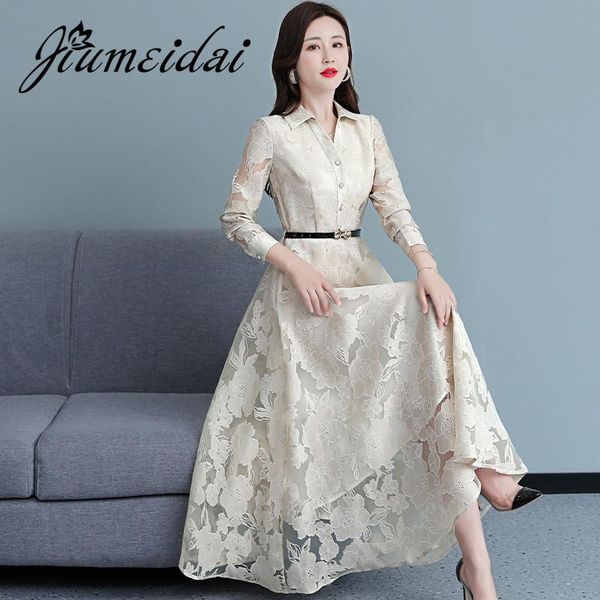 

casual dresses jiumeidai 2021 women autumn elegant a-line dress office lady embroidery robe femme vintage designer party clothing vestidos, Black;gray