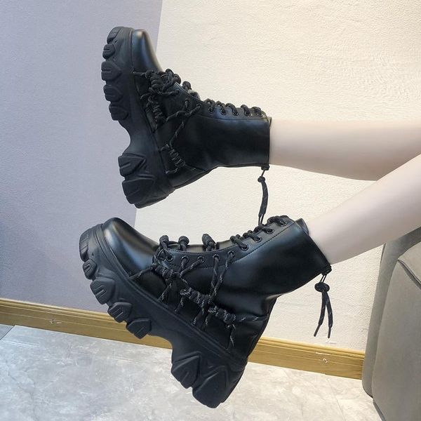 

boots black punk style platform women ankle 2021 fashion cross strap chunky heels woman waterproof pu leather shoes