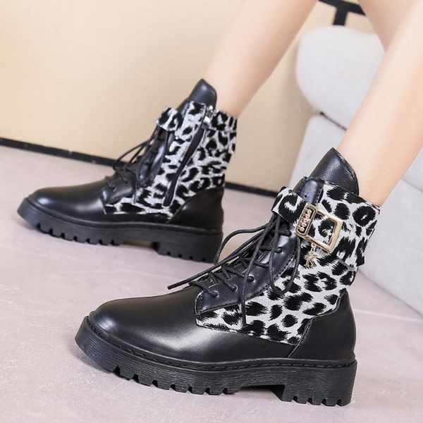 

boots leopard patchwork punk women rubber shoes side zipper motorcycle belt buckle ladies short boot botas mujer, Black