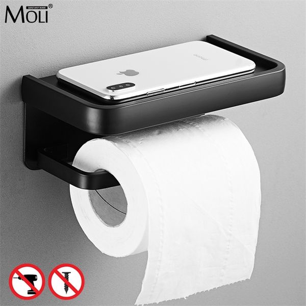 Moli Matte Preto Espaço Alumínio Titular Papel Toalete Auto-adesivo Soco-Free Bathroom Conjunto de Hardware Móvel ML609 210720