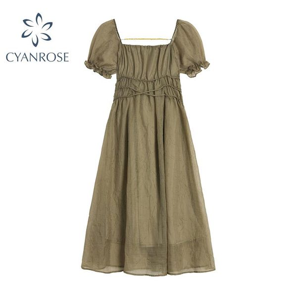 

party dresses french elegant square collar long dress women 2021 summer vintage short sleeve gathered waist slim casual ladies midi, White;black