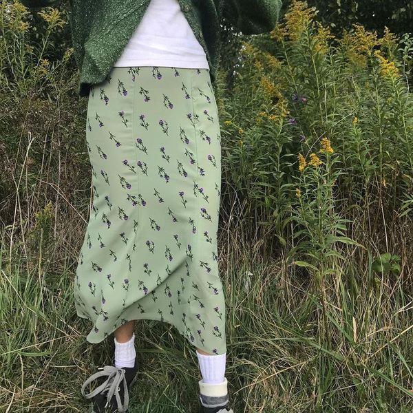 

skirts sweet girls elastic high waist maxi skirt vintage floral print long women harajuku brand fashion cute streetwears, Black