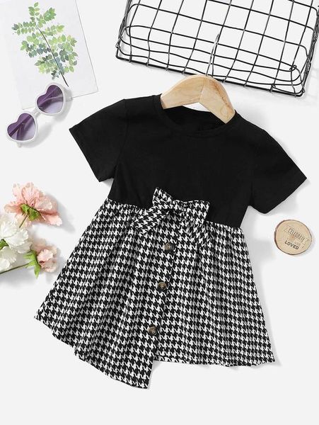 

baby houndstooth bow button front asymmetrical hem dress she, Red;yellow