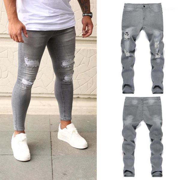 

men's jeans mens ripped skinny gray elasticity hole pencil pants biker casual trousers streetwear fashion denim jogger, Blue