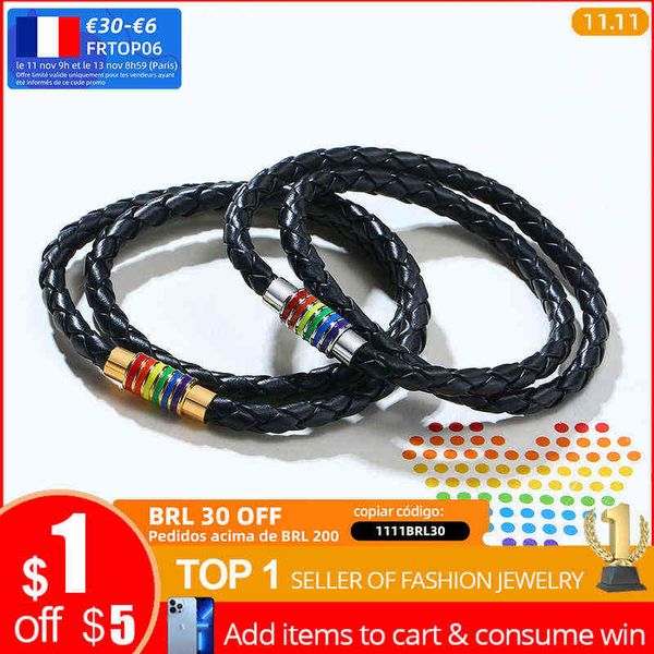 

vnox casual men's stainless steel clasp rainbow lgbt pride handmade braided bracelet leather weave plaited jewelry, Golden;silver