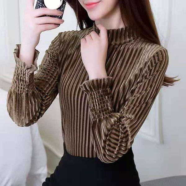 

women's blouses & shirts lucyever velvet striped womens 2021 autumn winter ruffles long sleeve female plus size -5xl women clothing, White