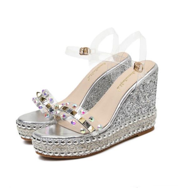 

rivet crystal wedge sandals women shoes fashion transparent summer high heels, Black