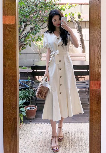 

buttons plus size summer girls boho party female vintage dress lace up short sleeve white women dresses robe vestido 210417, Black;gray