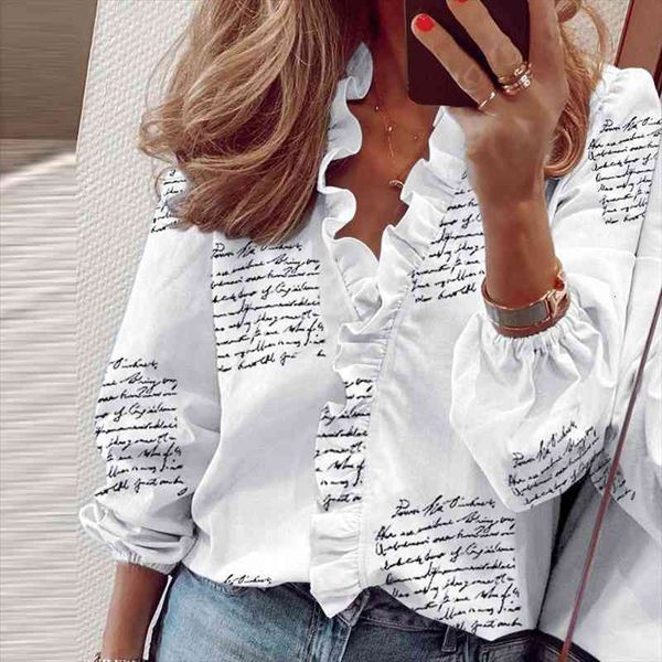 

spring floral print ruffles blouse office lady long sleeve v-neck shirts casual elegant blouse, White